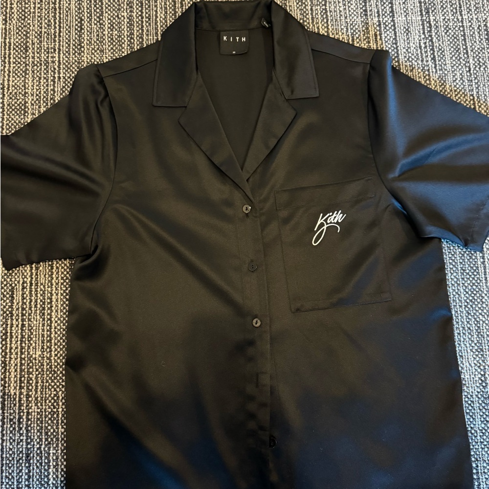 KITH Women’s. Silk button down black shirt with white logo. Size XS